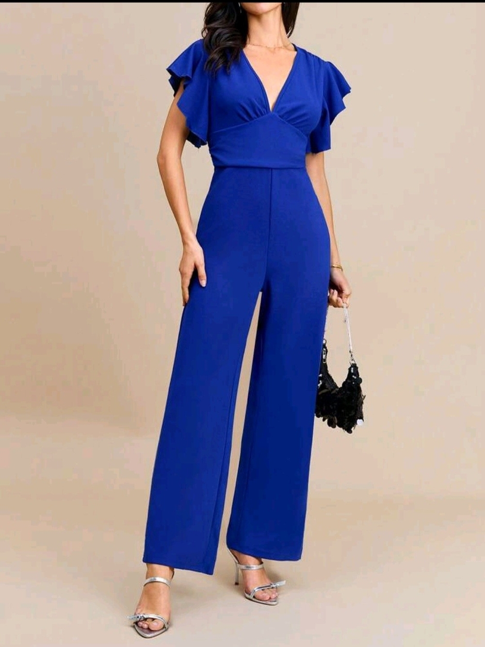 Women's Royal Blue V-Neck Flutter Sleeve Jumpsuit
